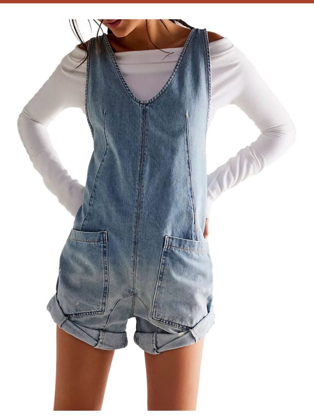 High roller shorttall romper We The Free Light Blue Denim Romper